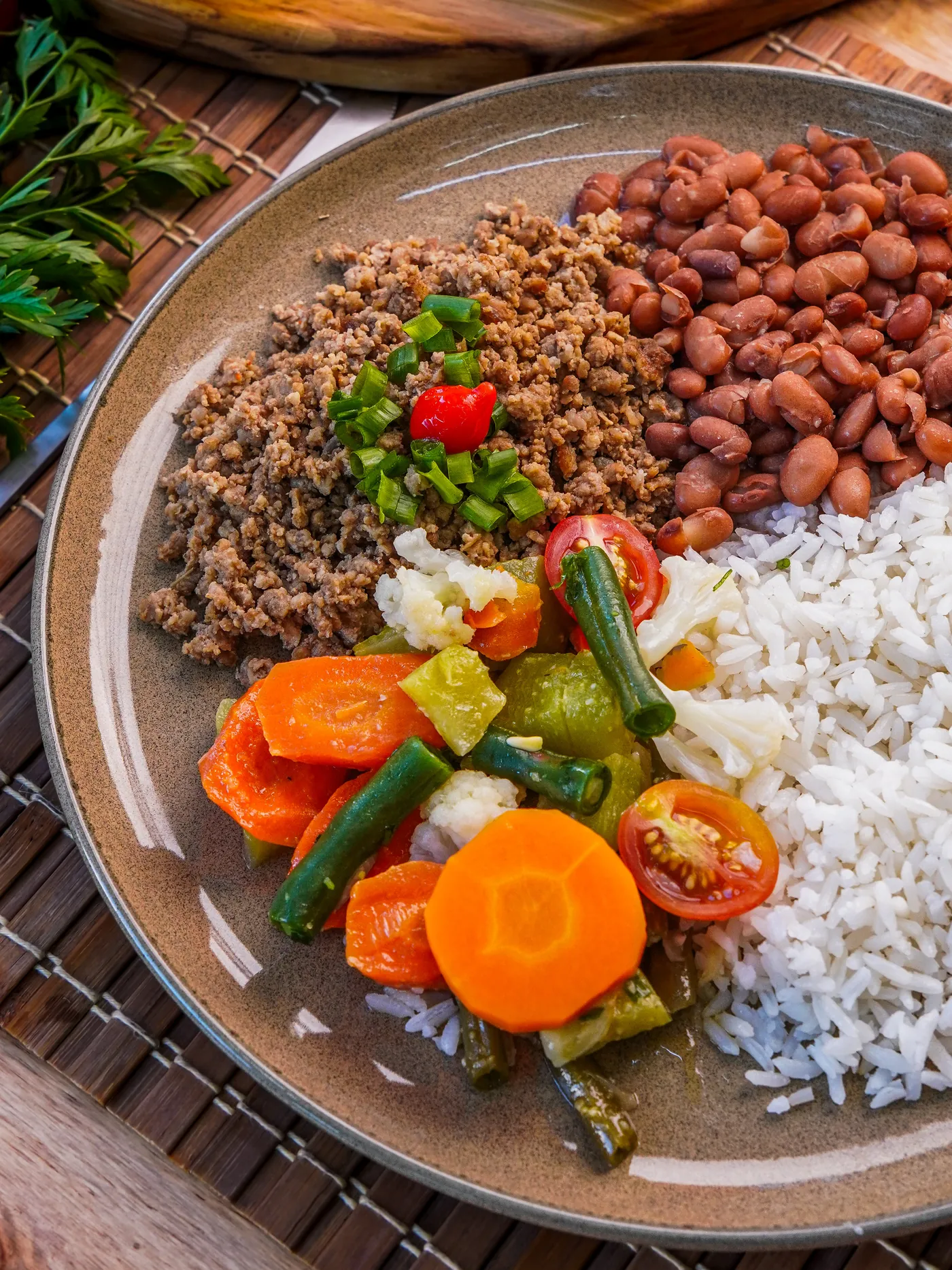 Prato de comida caseira com arroz, feijão, carne moída e legumes